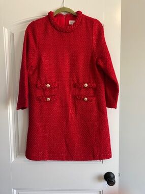 Classic Red Tweed Mini Dress with Braided Trim